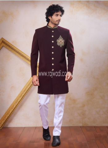 Wine Lachka Fabric Embroidered Indowestern Set