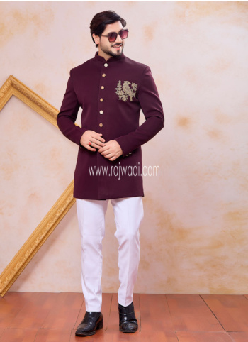 Wine Embroidered Bird Motif Indowestern Set