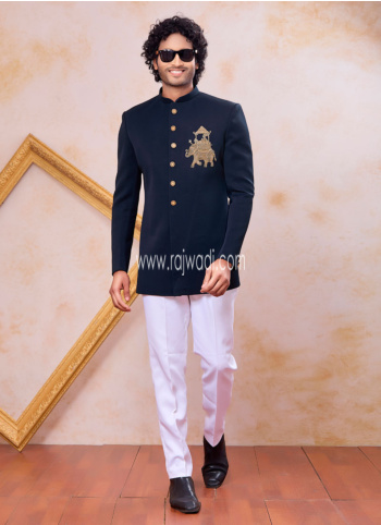 Navy Blue Embroidered Elephant Motifs Indowestern Set
