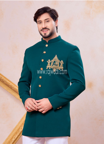 Teal Green Zardosi Embroidered Indowestern Set For Men