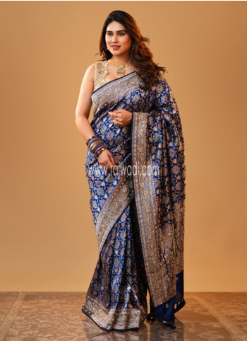 Blue Woven Embroidered Banarasi Silk Saree