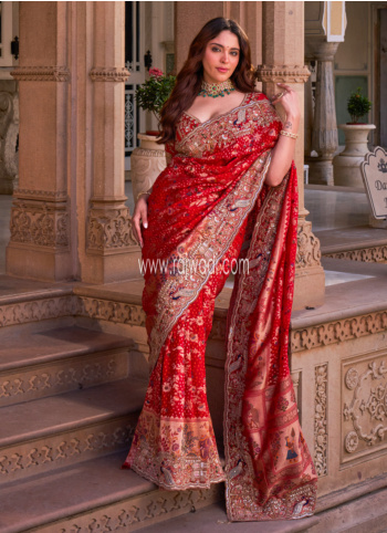 Red Embroidered Wedding Silk Saree