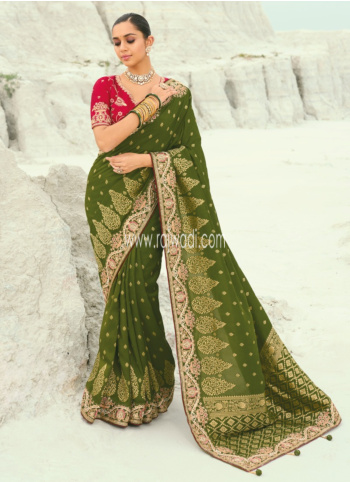 Beautiful Mehndi Green Dola Silk Saree