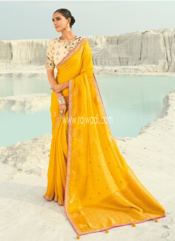 Yellow Organza Satin Festive Wear Saree