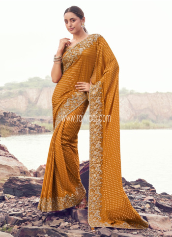 Dark Orange Embroidered Banarasi Silk Saree