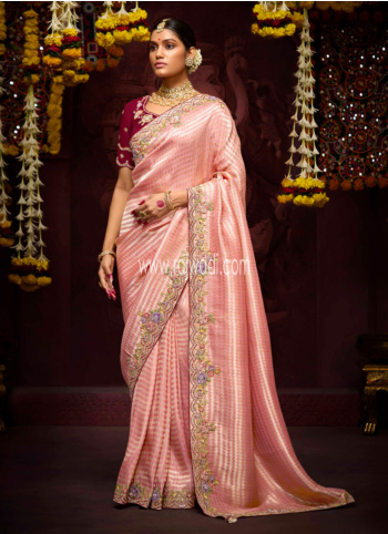Peach Banarasi Kanjivaram Silk Saree With Heavy Embroidery