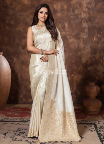 Beautiful Cream Embroidered Shimmer Silk Saree