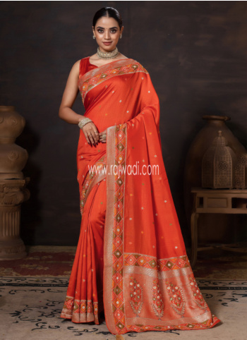Orange Embroidered Banarasi Silk Saree