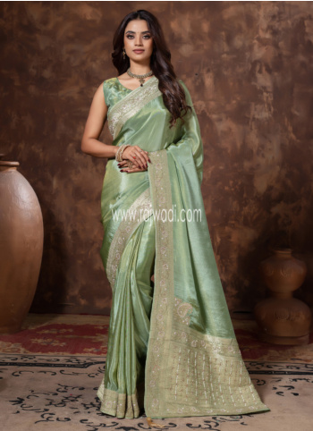 Beautiful Pista Green Embroidered Shimmer Silk Saree