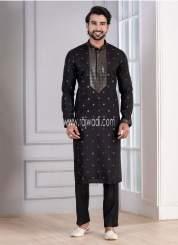 Black Embroidered Cotton Silk Kurta Pajama