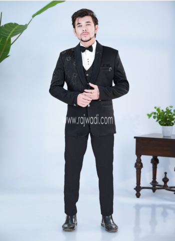 Black Embroidered Imported Fabric Tuxedo Suit