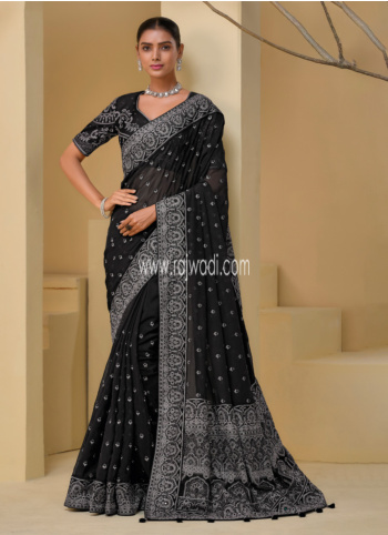Black Thread And Sequins Embroidered Chiffon Saree
