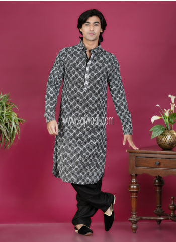 Black Thread Embroidered Pathani Kurta Set In Cotton Silk