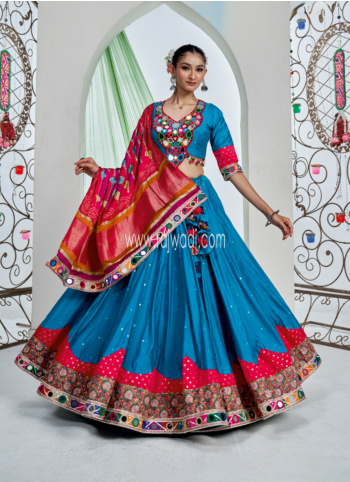 Blue Satin Silk Embroidered Chaniya Choli