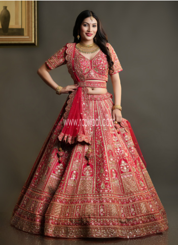 Red Embroidered Bridal Lehenga Choli With Dupatta And Belt