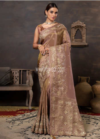 Brown Embroidered Silk Saree