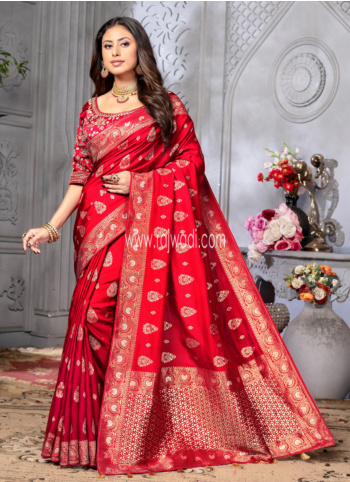 Cherry Red Silk Saree With Readymade Choli For Women
