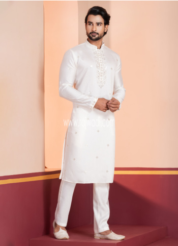 Cottton Silk Kurta Pajama In White
