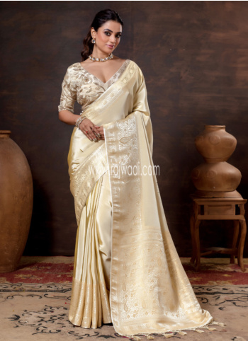 Cream Banarasi Silk Saree With Readymade Choli