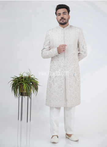 Cream Embroidered Sherwani For Wedding