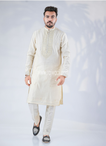 Cream Embroidered Silk Kurta Pajama For Men