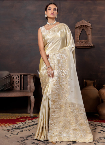 Cream Embroidered Silk Saree