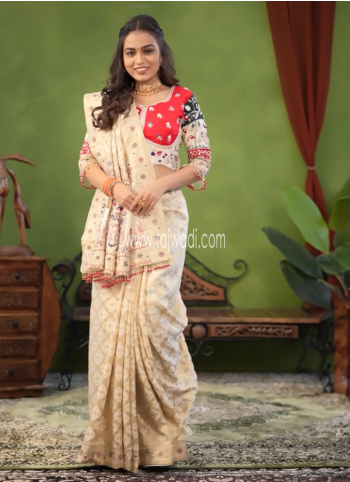 Cream Wedding Wear Embroidered Silk Saree With Readymade Choli
