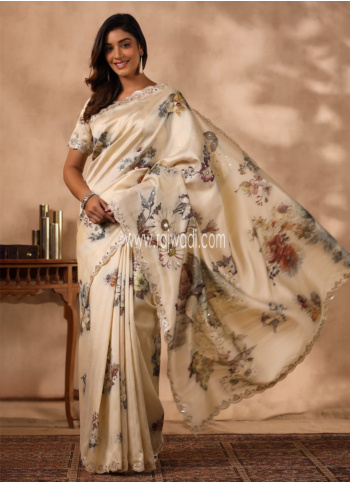 Cream Floral Printed Raw Silk Saree
