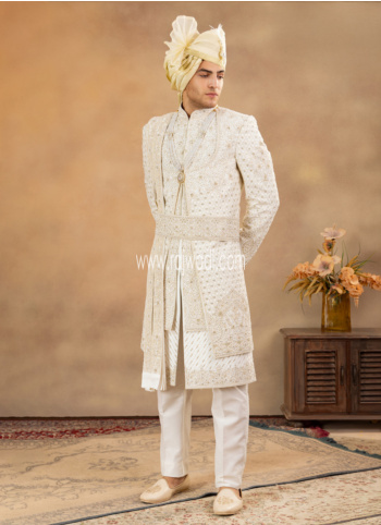 Cream Groom Embroidered Silk Sherwani Set