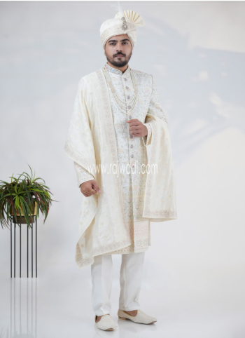 Cream Opulence Silk Sherwani Set For Groom