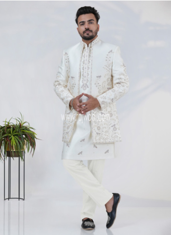 Cream Silk Embroidered Jacket Indowestern Set For Men
