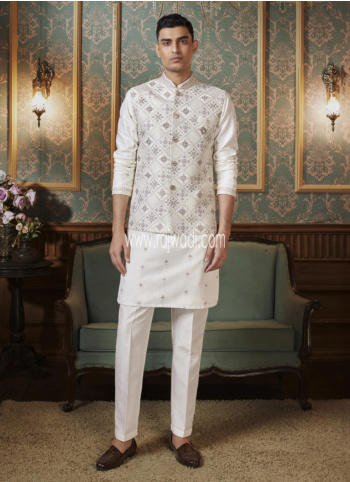 Cream Thread Embroidered Nehru Jacket Set