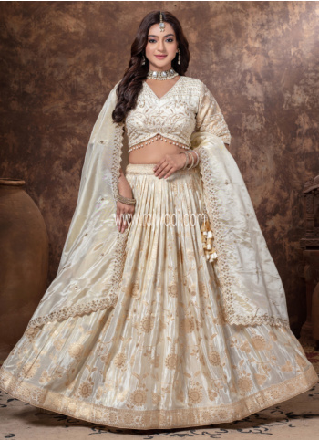Cream Tissue Embroidered Lehenga Choli