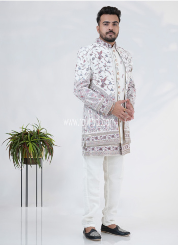 Cream Velvet Embroidered Indowestern Set With Jacket