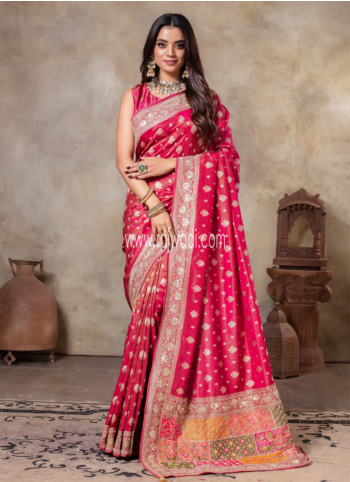 Crimson Embroidered Weaving Banarasi Silk Saree