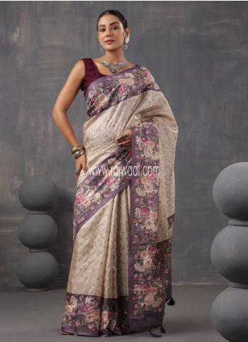Dark Beige Printed Gorgeous Raw Silk Saree