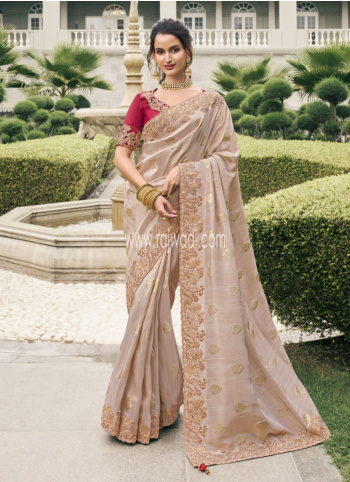 Dark Beige Woven Tissue Silk Saree With Embroidered Border