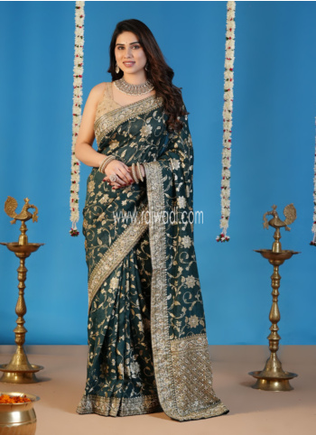Dark Green Embroidered Banarasi Organza Saree For Wedding