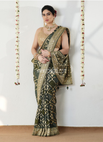 Dark Green Bandhani Woven Saree For Women