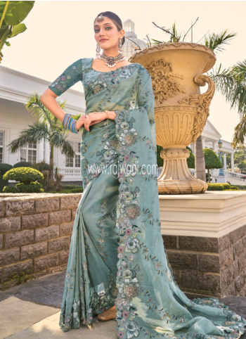 Dark Grey Embroidered Organza Saree For Wedding