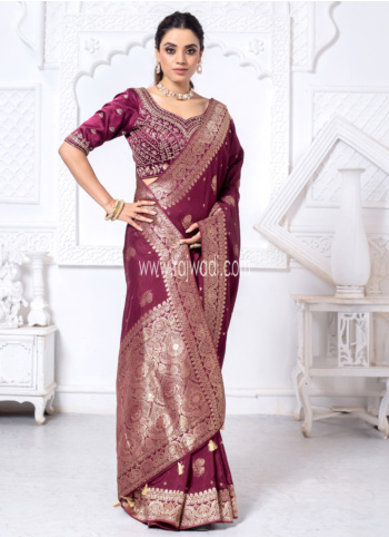 Dark Magenta Banarasi Silk Saree With Readymade Blouse