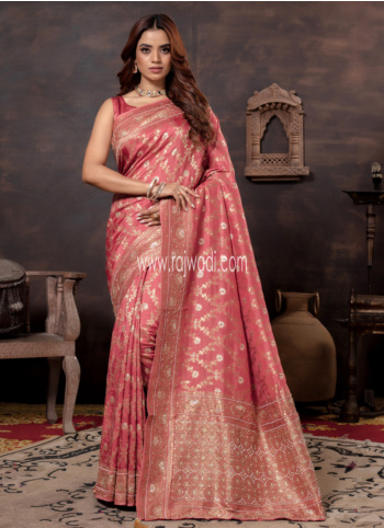 Dark Peach Embroidered Silk Saree