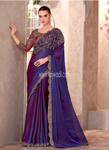 Dark Purple Satin Georgette Embroidered Saree