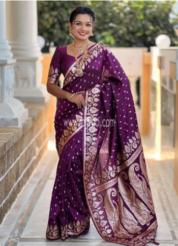 Dark Purple Woven Banarasi Silk Saree