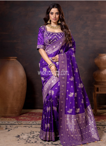 Dark Purple Woven Banarasi Silk Saree
