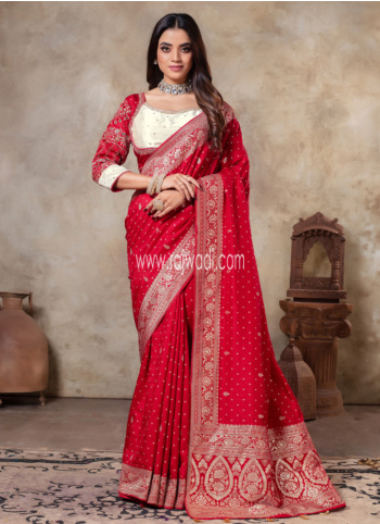 Dark Red Banarasi Silk Saree With Readymade Blouse