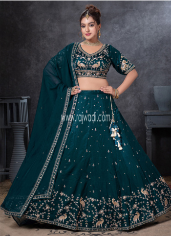 Dark Teal Blue Raw Silk Lehenga Choli