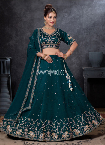 Dark Teal Lehenga Choli In Raw Silk