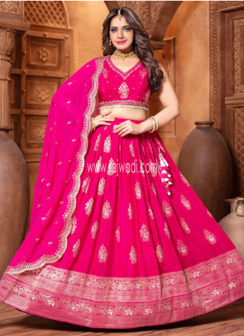 Deep Pink Shimmer Silk Embroidered Lehenga With Readymade Choli