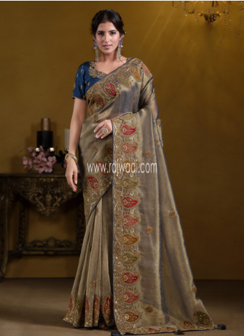 Dark Beige Embroidered Organza Silk Saree